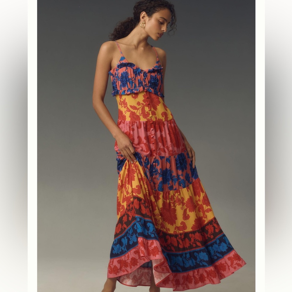Farm Rio X Anthropologie Button- Front Tiered Maxi Dress NWT